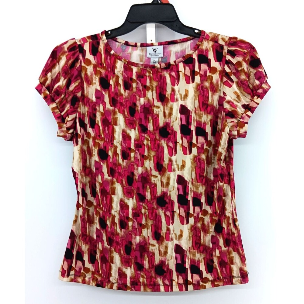 Worthington Blouse Women Size PL Multicolor Abstract Cap Sleeve Round Neck Top